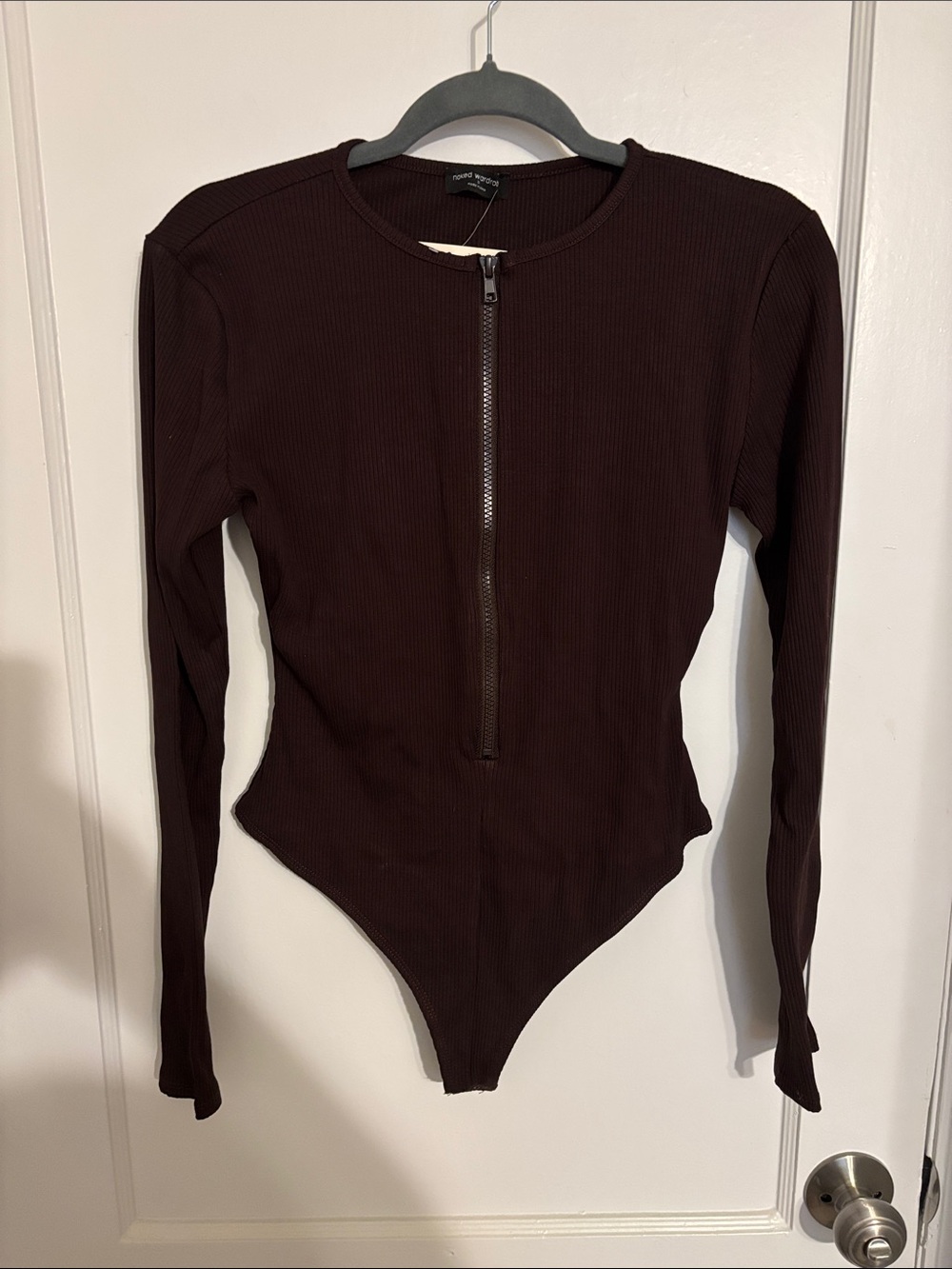 naked wardrobe Ribbed Zip-Front Bodysuit in Dark Brown
